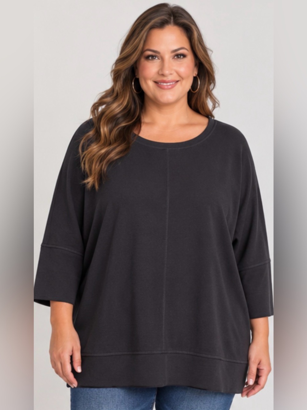 Cable & Gauge Women's Black Dolman 3/4 Shirt Blouse Lightweight Sweatshirt 1X